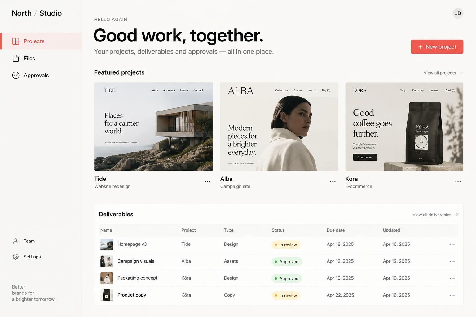 Illustrative North Studio client portal with website projects and deliverable approvals