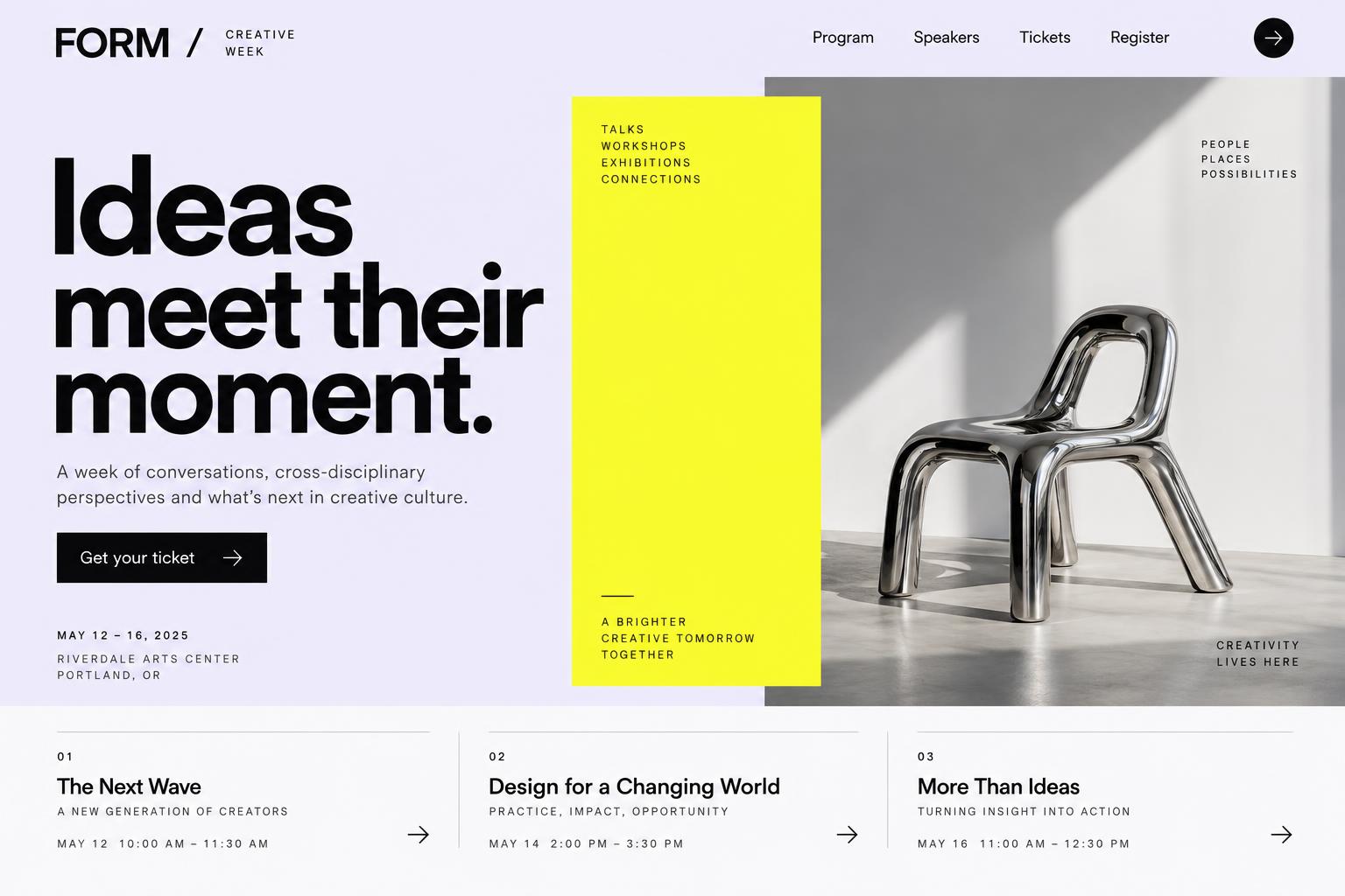Illustrative FORM creative event campaign website with editorial typography and a chrome chair